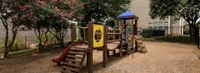 Inviting playground nestled under lush flowering trees, featuring a colorful slide and climbing structures in a serene neighborhood setting.