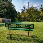 Charming park setting featuring a green bench with paw print and bone designs, perfect for relaxation amidst lush greenery.