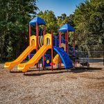 Vibrant playground featuring colorful slides and climbing structures set amidst lush greenery, perfect for outdoor family fun.
