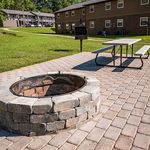 Inviting outdoor patio with a cozy fire pit, modern grill, and spacious picnic table surrounded by lush greenery.
