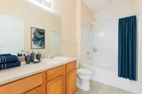 Elegant bathroom featuring a modern tub with a stylish blue curtain, a chic vanity with wood cabinetry, and tasteful decor.
