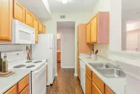 Bright and inviting galley kitchen with modern appliances, elegant wooden cabinetry, and sleek countertops.