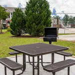 Inviting outdoor area with a stylish picnic table and grill, perfect for sunny gatherings and barbecues, set against a backdrop of lush greenery and charming buildings.