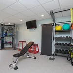 Spacious home gym with modern equipment, featuring a flat bench, free weights, resistance balls, and a wall-mounted TV.