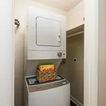 Compact laundry nook featuring a modern stacked washer and dryer with convenient shelving space.