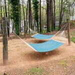 Serene outdoor space featuring two blue hammocks nestled among tall trees, offering a perfect relaxation spot.