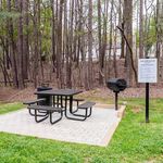 Charming outdoor picnic area with a grill and seating in a serene forest setting, perfect for gatherings and relaxation.