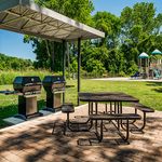 Inviting outdoor space with dual grills, picnic table, and scenic view of lush greenery and playground.