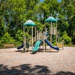 Charming playground area with vibrant slides and climbing structures, nestled among lush green trees, perfect for family fun.