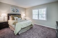 Inviting bedroom with plush carpet flooring, elegant bedding, and large window for natural light.