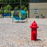 Vibrant and pet-friendly apartment playground featuring a bold red fire hydrant and a playful green tunnel, perfect for outdoor activities.