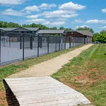 Inviting pathway leading to a sunny recreational area with sports facilities, surrounded by lush greenery and charming residential buildings.