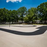 Spacious outdoor recreational area featuring a modern skate track surrounded by lush green trees under a vibrant blue sky.