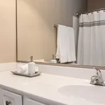 Elegant bathroom with sleek fixtures, large mirror, and modern shower curtain offering a tranquil retreat.