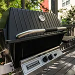 Elegant outdoor Broilmaster gas grill on a stylish deck, surrounded by lush greenery, perfect for a luxurious cooking experience.