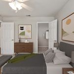 Elegant bedroom with modern decor, featuring cozy grey bedding, a sleek wooden dresser, and stylish wall art. Bright and inviting space with a ceiling fan and ample natural light.