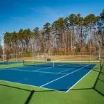 Inviting tennis court set amidst lush greenery, perfect for outdoor recreation and relaxation.