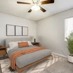 Cozy bedroom with a stylish gray bed, accented by warm orange tones, elegant ceiling fan, and soft lighting, offering a serene and inviting atmosphere.