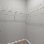 Spacious and bright walk-in closet featuring sleek white shelving and neutral carpet, perfect for organized storage.