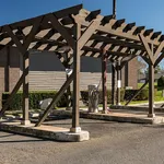 Charming rustic pergola over a parking area with vibrant greenery and clear blue skies.