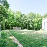 Charming green outdoor soccer field surrounded by lush trees, perfect for recreational activities in a serene setting.