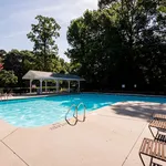 Inviting swimming pool surrounded by lush greenery and comfortable lounging chairs, perfect for relaxation and leisure.