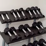 Modern fitness room feature with a sleek black rack filled with polished dumbbells, perfect for a home workout space.