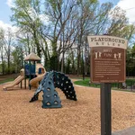 Inviting playground surrounded by trees, featuring a modern slide and climbing structure, perfect for family fun.