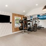 Modern fitness center with state-of-the-art gym equipment, sleek wall design, and natural light from a large window.