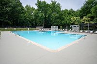 Inviting outdoor pool area surrounded by lush greenery, featuring comfortable lounge chairs and shaded cabanas for a relaxing escape.