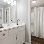 Elegant bathroom featuring a modern vanity with a spacious countertop, stylish lighting, and a serene shower area with a chic curtain.