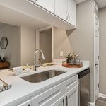 Modern kitchen with elegant white cabinetry, sleek chrome faucet, and a stylish countertop featuring a decorative plant and accessories.