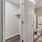 Inviting modern bathroom with sleek design, open closet space, and warm wooden flooring.