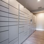 Modern parcel lockers in a sleek, well-lit apartment facility, perfect for convenient and secure package delivery.