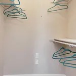 Spacious walk-in closet with modern shelving and teal hangers, offering ample storage in a stylish apartment.