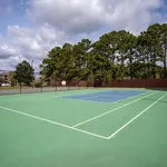 Inviting tennis court surrounded by lush greenery, perfect for outdoor recreation and active living.