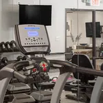 Modern fitness center with state-of-the-art treadmill, ample free weights, and sleek design for an invigorating workout experience.