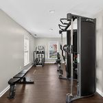 Modern fitness room featuring state-of-the-art cardio and strength training equipment with natural light streaming through large windows.