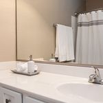 Elegant bathroom with sleek fixtures, large mirror, and modern shower curtain offering a tranquil retreat.