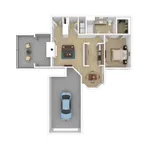 Chic floor plan featuring 1 bedroom, open living and dining area, modern kitchen, attached garage, and cozy balcony space.