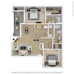 Modern 2D floor plan showcasing 2 bedrooms, open kitchen with island, spacious living room, and private balcony.