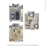 Modern 3D floor plan showcasing a two-story apartment with two bedrooms, open-concept living and dining area, spacious kitchen, two-car garage, and a stylish interior design.