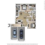 Chic 3D floor plan showcasing two bedrooms, modern kitchen, cozy living area, and attached double garage.