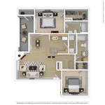 Modern open-concept floor plan featuring 2 bedrooms, spacious living area, sleek kitchen with island, and a cozy balcony.