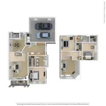 Modern 3D floor plan showcasing a two-story home with three bedrooms, a spacious open-concept living and dining area, a sleek kitchen, and a two-car garage.