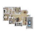 Modern 3D floor plan showcasing 3 bedrooms, open living room, sleek kitchen, dining area, and attached garage.