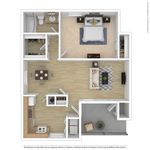 Modern 3D floor plan featuring a spacious one-bedroom apartment with an open-concept living room and dining area, fully-equipped kitchen, stylish bathroom, and inviting balcony.