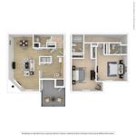 Modern two-level floor plan featuring an airy open-concept living space, dining area, and efficient kitchen downstairs, with two spacious bedrooms and two bathrooms upstairs.