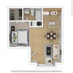Modern 1-bedroom apartment floor plan with open-concept kitchen, inviting living area, and elegant ensuite bathroom.