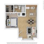 Modern one-bedroom apartment floor plan featuring an open-concept living area, stylish kitchen with an island, cozy dining space, and a chic en-suite bathroom with ample closet storage.